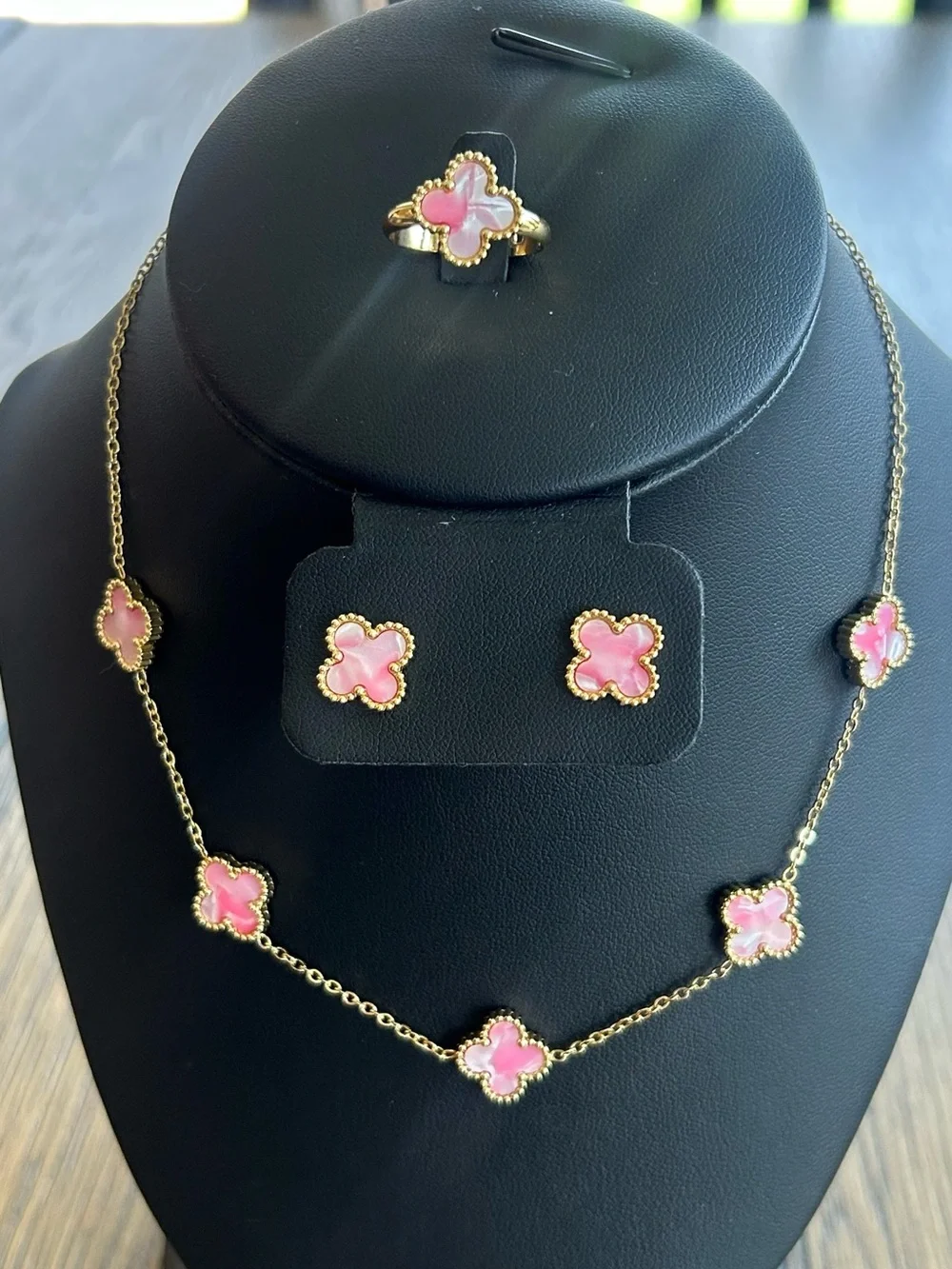 Pink Clover Gold-Tone Necklace, Earrings & Ring Set